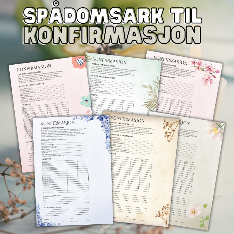 Spådomsark til konfirmasjon | Inkludert 6 motiv | Til utskrift
