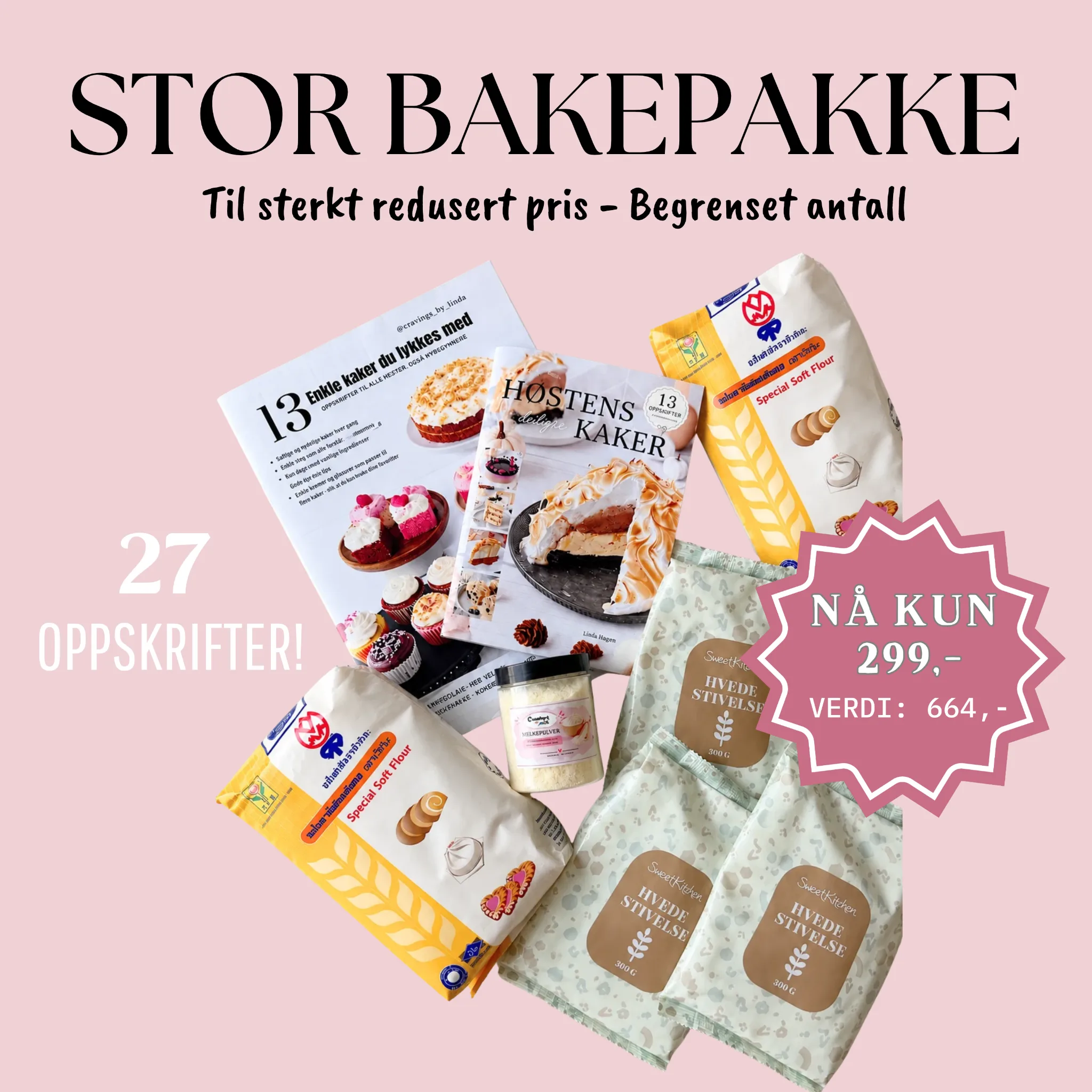 Stor bakepakke: 27 oppskrifter + 2,9 kg kakemel og melkepulver