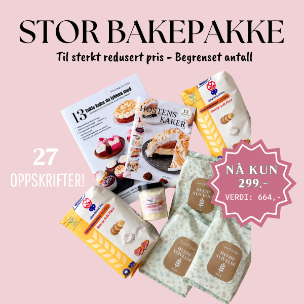 Stor bakepakke: 27 oppskrifter + 2,9 kg kakemel og melkepulver